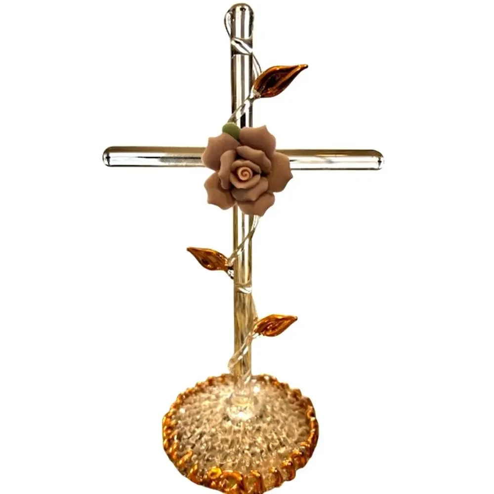 Glass CROSS w/Porcelain‎ Pink Rose and Gold Leaves - Handblown and Knitted Glass